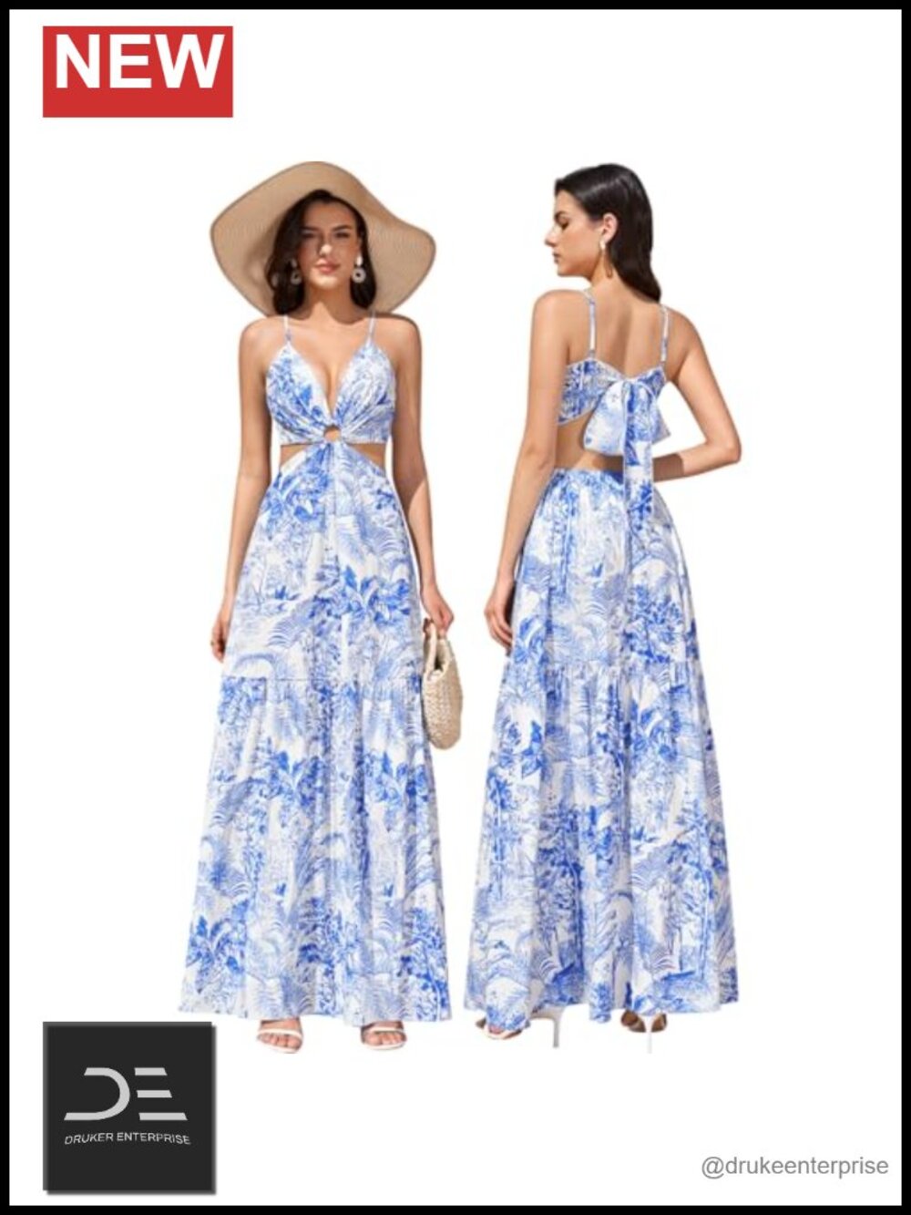 Women's Flowy Maxi Dress V Neck Cutout Tie Back Boho Beach Vacation Sundress